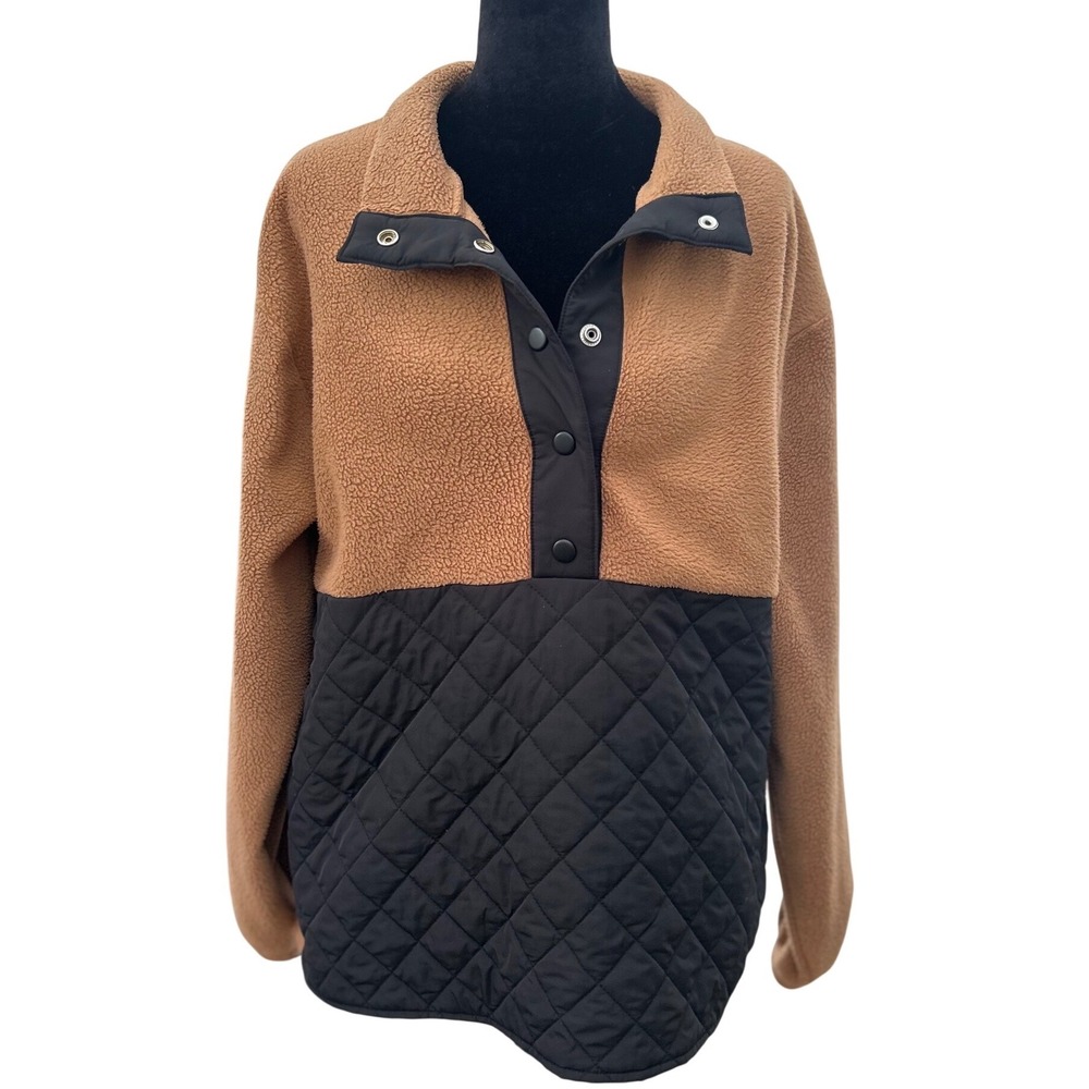 J.Crew Sherpa Fleece Quilted Pullover Snap Neck Brown Black BL258 Medium